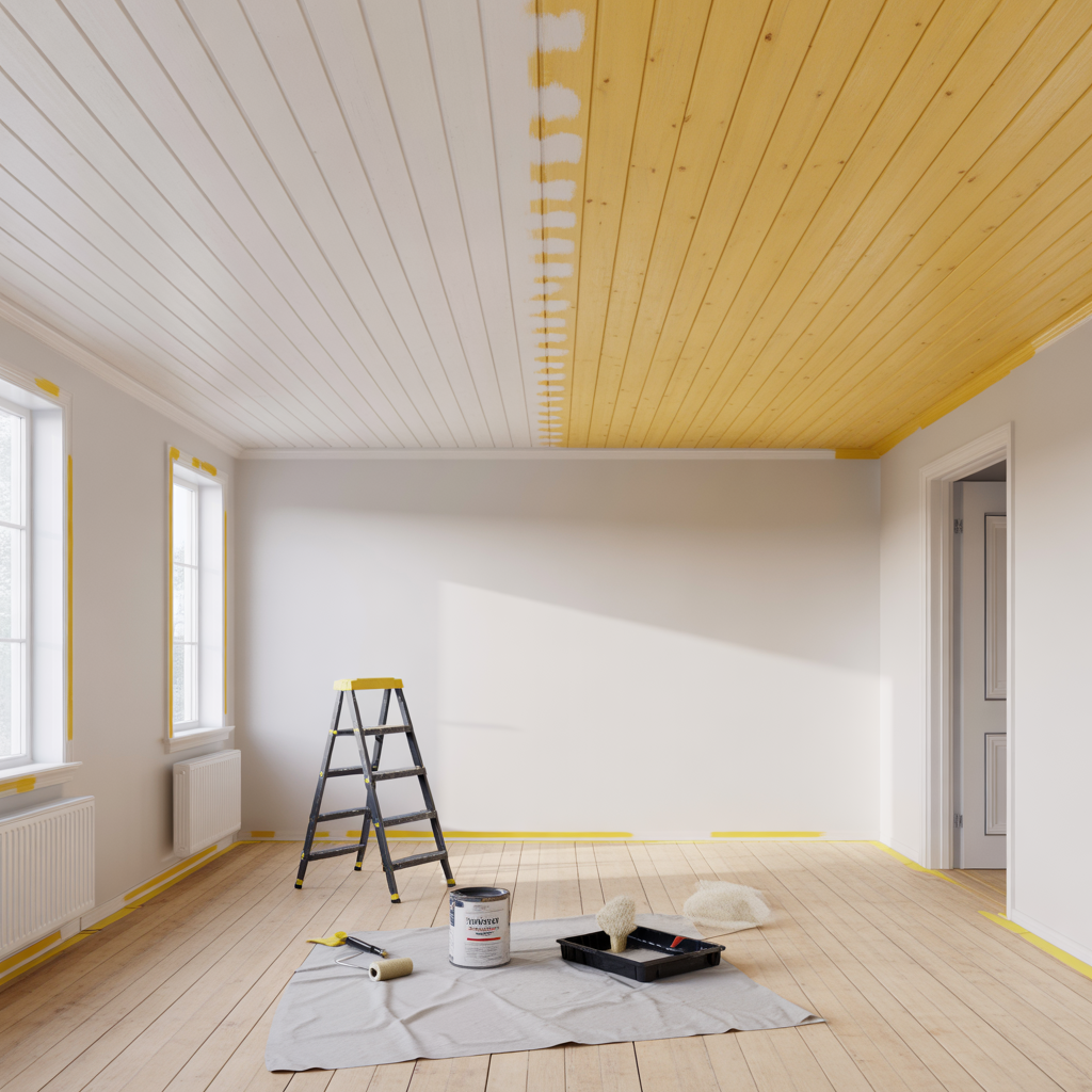 mala paneltak i furu sparrgrund mot kvistar och gulning